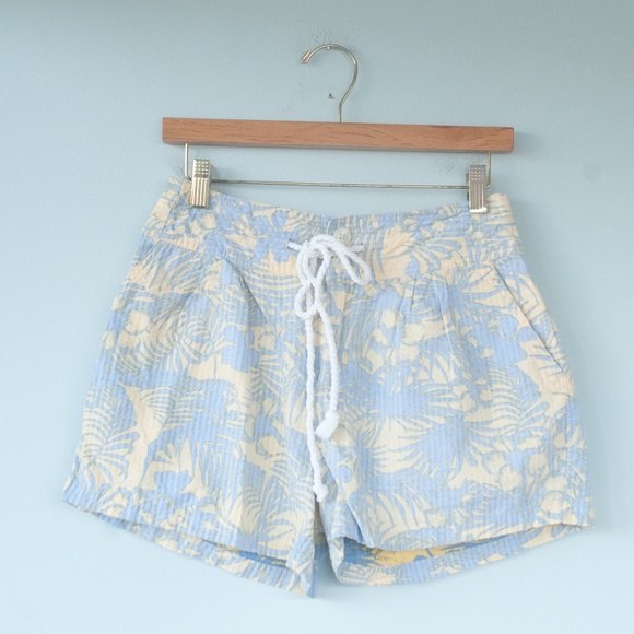 Free People Blue & Yellow Tropical Palm Leaf Island Seersucker Shorts - Picture 3 of 7
